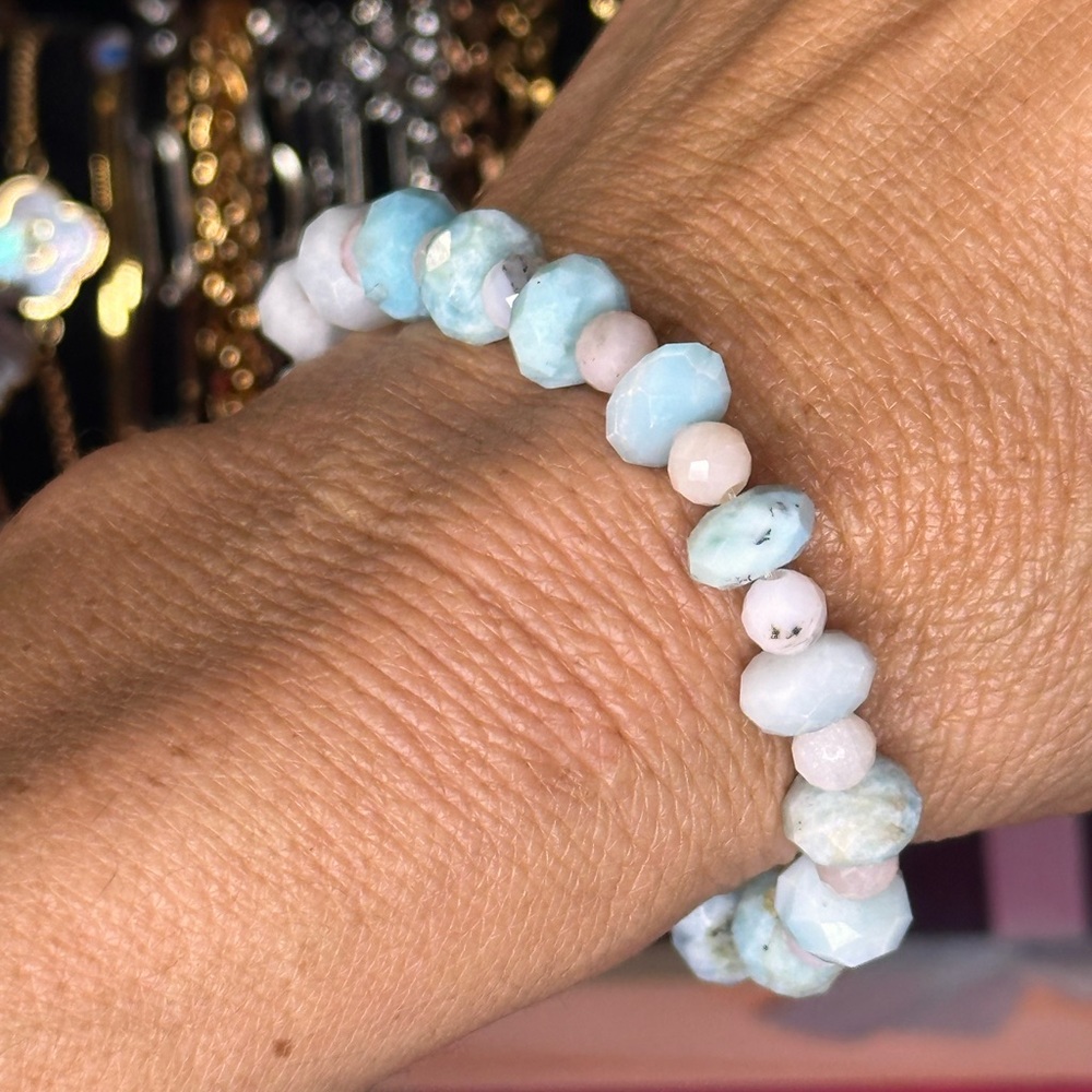 Larimar & Peruvian Pink Opal Faceted Beaded Bracelet handmade in Maui